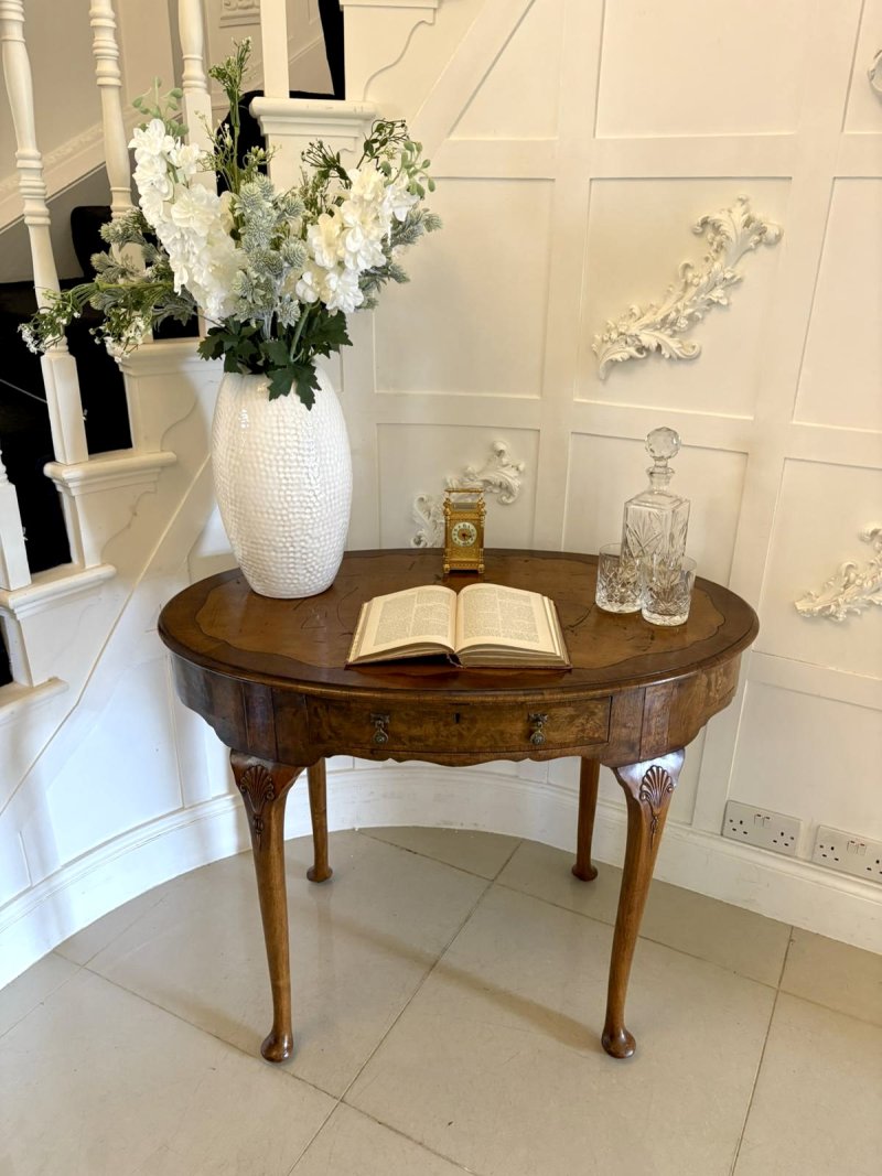 Antique Edwardian Quality Burr Walnut Freestanding Oval Shaped Writing Table - Image 2